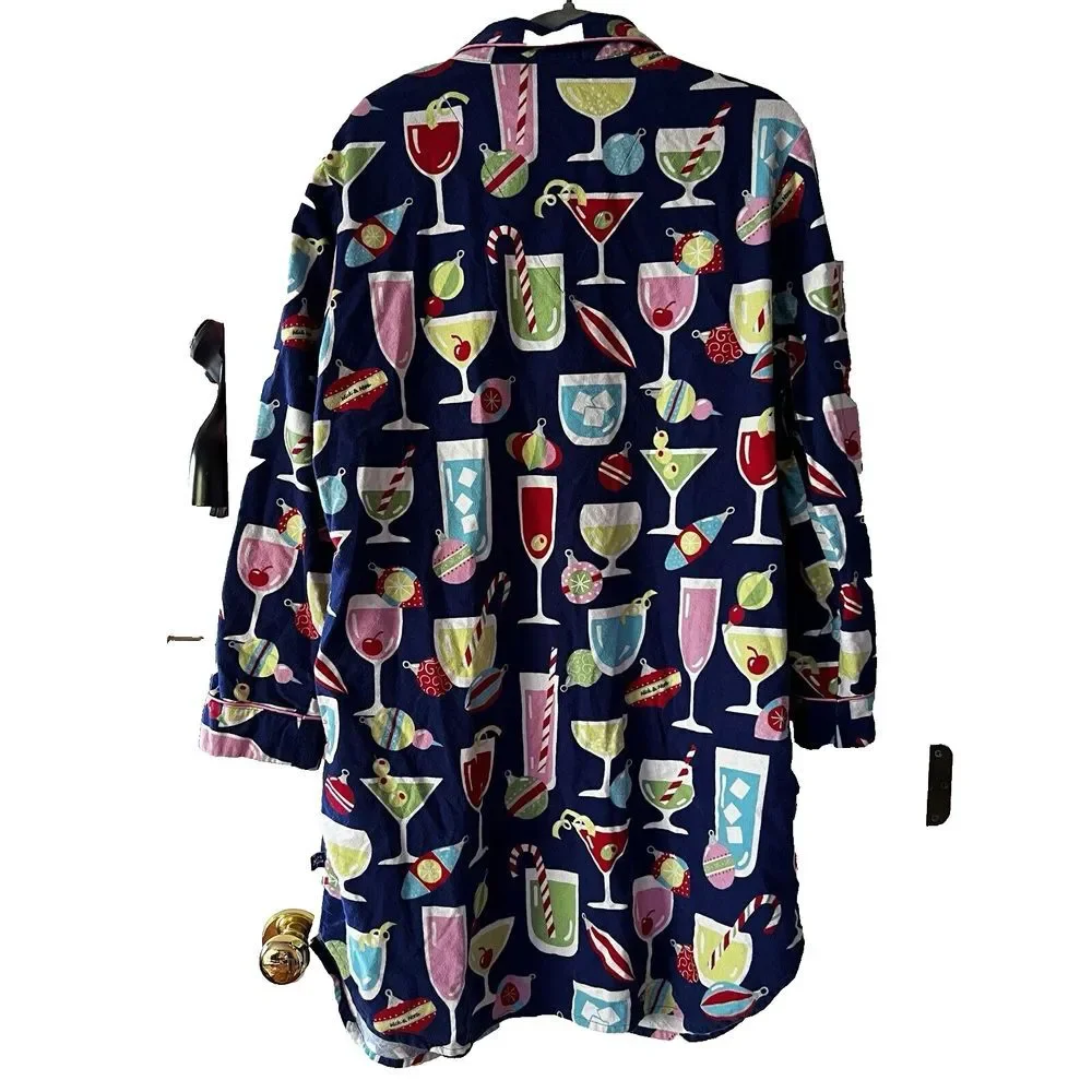 Nick And Nora Holiday Cheer Fun Christmas Cocktails Nightshirt Flannel‎ Size XL